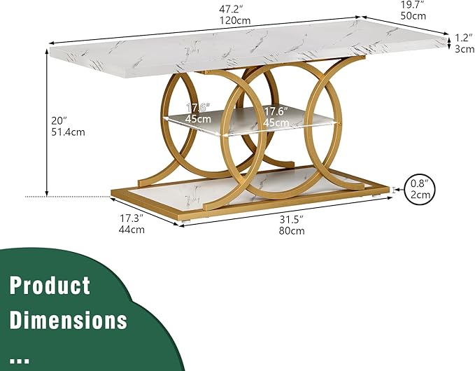 GiftGo Rustic Coffee Table with Storage Modern 3 Tier Center Living Room Table Faux Marble Wooden Rectangle Cocktail Tea Table for Office Bedroom Elegant Full Moon Design (White Gold, L-47)-Ruum Studio Home