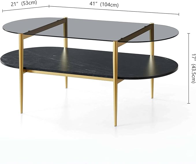 Oval Glass Coffee Table, Mid-Century Modern Design, L41 x W21 x H17 inch, for Living Room, Grey Glass Top, Black Marble Finish Wood Shelf & Gold Finish Frame-Ruum Studio Home