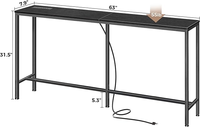 SUPERJARE Console Table with Outlet, 63 Inch Sofa Table with Charging Station, Narrow Entryway Table, Skinny Hallway Table, Behind Couch Table, for Living Room, Plants, Black-Ruum Studio Home