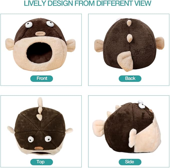 Cat Beds for Indoor Cats - Cat Bed Cave with Removable Washable Cushioned Pillow, Soft Plush Premium Cotton No Deformation Pet Bed, Lively Pufferfish Cat House Design, Brown, Multiple Sizes(L)-Ruum Studio Home