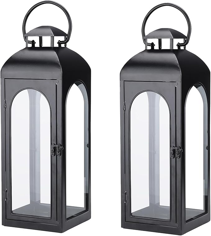 Bdor 2 Pack Large Luxury Lantern Decorative Tall 20 Inches Black Metal Hurricane Lanterns with Tempered Glass Panels for Front Porch,Tabletop, Mantle, Wall Hanging, or Garden, Indoor & Outdoor Décor-Ruum Studio Home