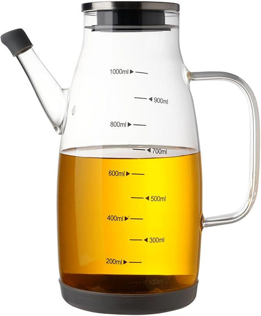 Large Glass Oil Dispenser Bottle for Kitchen Cooking Recipiente Para Aceite De Cocina Olive Oil Vinegar Dispenser Cruet Stainless Steel Lid No Drip Liquid Container (Clear, 34oz /1000ml)-Ruum Studio Home