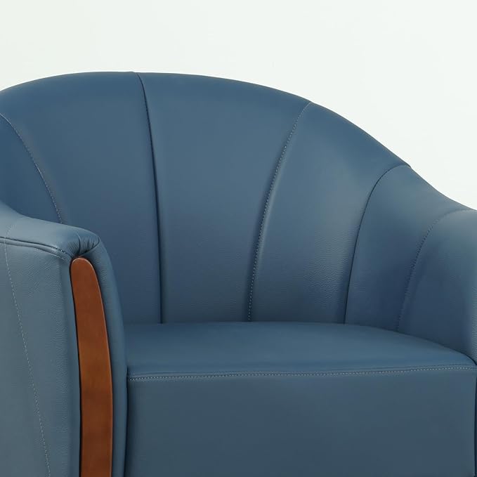360° Swivel Accent Chair, Modern Leather Barrel Club Chair with Leather Upholstery and Sturdy Wood Base, Comfortable Armchair for Living Room, Bedroom, Reading Nook, Blue-Ruum Studio Home