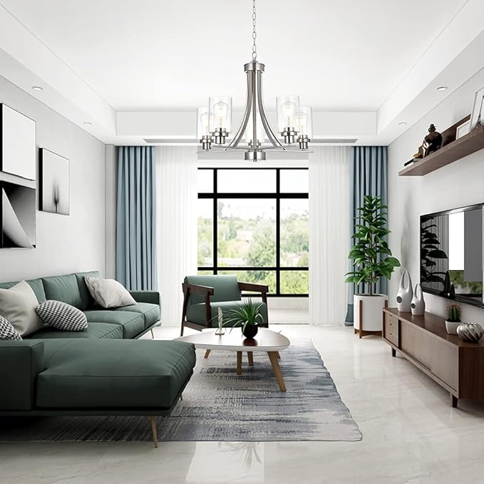 BONLICHT Traditional Chandelier Lighting 5 Light Brushed Nickel Modern Light Fixtures Hanging Pendant Lighting with Clear Glass Shade Classic Ceiling Lights for Kitchen Dining Room Living Room Island-Ruum Studio Home
