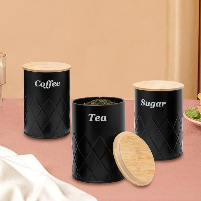 Black Canister Sets for Kitchen Counter,Tea coffee canisters,sugar container,3 Canisters,900ML/30.43OZ-Ruum Studio Home