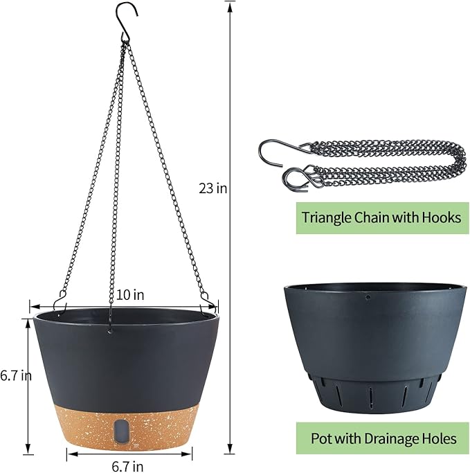2 Pack Hanging Planters for Indoor Outdoor Plants, 10 Inch Hanging Flower Pot Basket with Drainage Hole with Removable Tray&Hooks Self Watering Plant Pot for Hanging Plants, Dark Grey-Ruum Studio Home