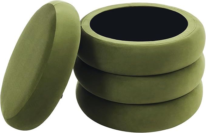 ONEVOG Round Storage Ottoman, 20" Small Ottomans Table with Removable Lid, Velvet Fabric Soft Footrest Stool for Couch, Upholstered Stuffed Circle Seat for Livingroom/Bedroom/Dorm/Vanity, Olive Green-Ruum Studio Home