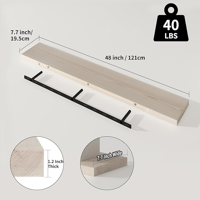 SAUMONIERES Floating Shelves 8 Inch Deep Solid Wood Wide Wall Shelf Set of 1 Wall Mounted for Bedroom Bathroom Living Room Kitchen, 48 Inch Natural-Ruum Studio Home