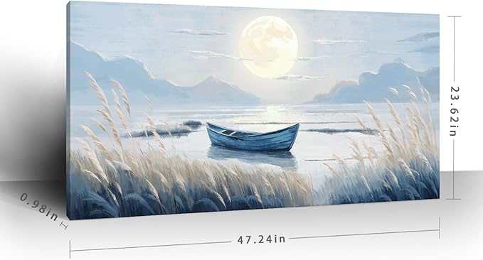 Large Wall Art for Living Room Bedroom Decor - Modern Nautical Beachy Ocean Beach Seascape Nature Artwork with Blue Boat Moon Lake Mountain Sea - Relaxing Serene Canvas Picture for Coastal Rustic Home-Ruum Studio Home