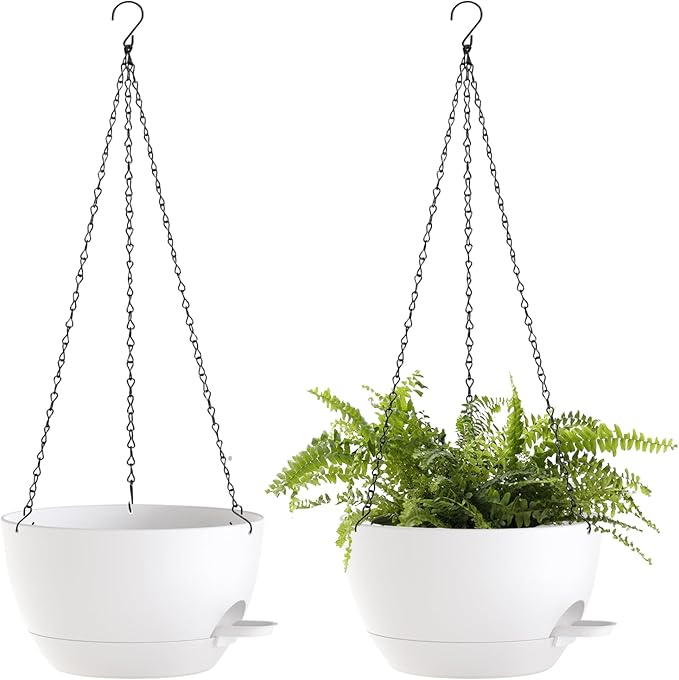 12 Inch Hanging Baskets 2 PC with Chains, Self-Watering Hanging Planters for Indoor Outdoor Plants, Plastic Hanging Flower Pots,White-Ruum Studio Home