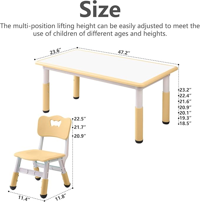 Children's Table and Chair Set Suitable for Boys and Girls Age 2-12 Height Adjustable Table top Can be Painted with 6 Seats Suitable for Family Learning Daily use (Wood Color)-Ruum Studio Home