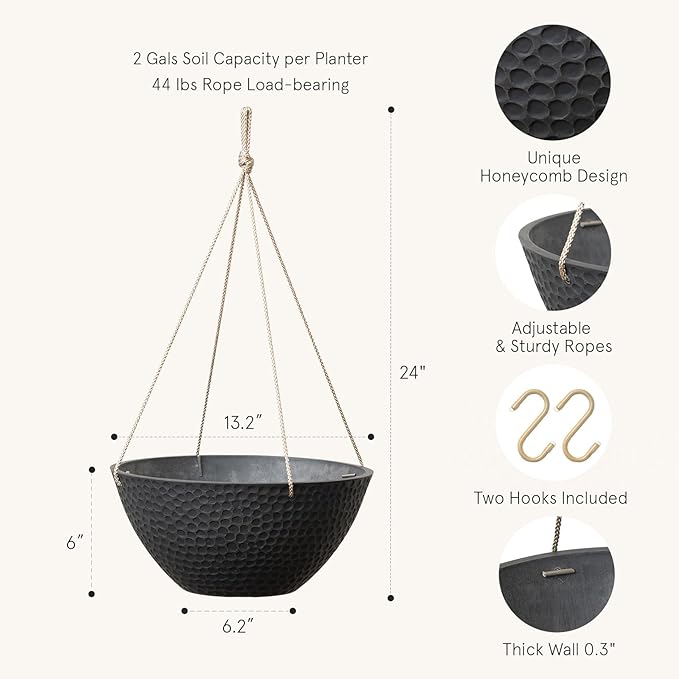 LA JOLIE MUSE Hanging Planters for Outdoor Plants, Large Hanging Planter with Drain Holes, Outdoor Hanging Flower Pots, Matte Black, Honeycomb (13.2 Inch, Set of 2)-Ruum Studio Home