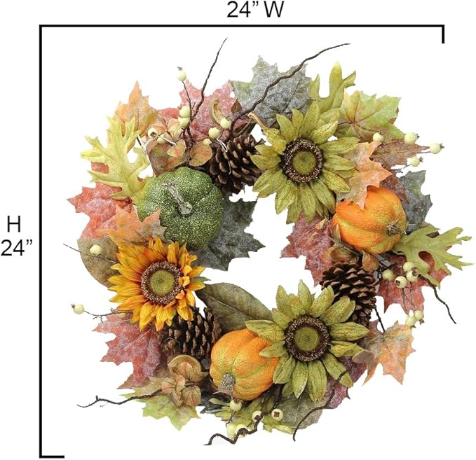 Admired By Nature 24 Inch Artificial Fall Pumpkin Sunflowers Wreath Wall Door Farmhouse Decor For Home Office Thanksgiving Harvest Wreaths For Front Door Cemetery Wreaths Indoor Outdoor, Green/Autumn-Ruum Studio Home