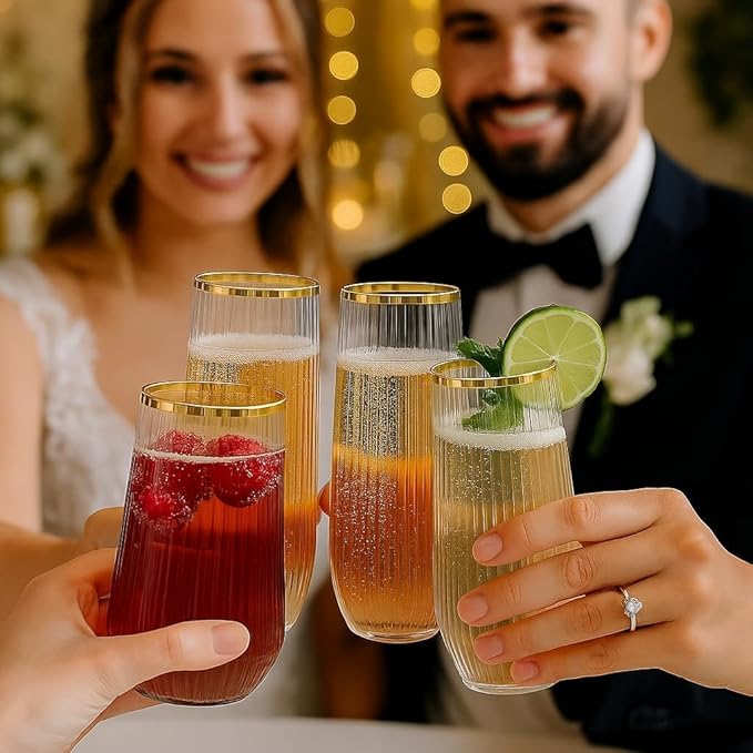 24 Pack Ribbed Origami Ripple Plastic Glasses, 12-9 Ounce Stemless Champagne Flutes & 12-12 Ounce Cups, BPA-Free Disposable Shatterproof Toasting Glasses for Weddings, Bars, and Events (Gold Rim)-Ruum Studio Home
