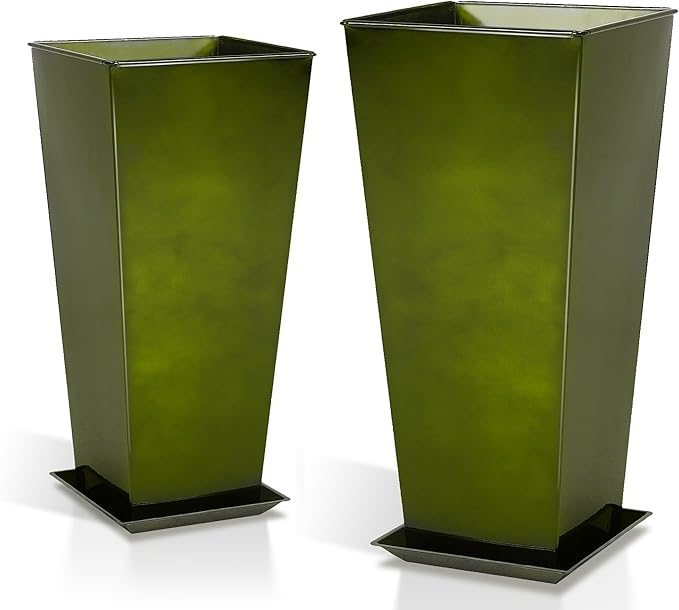 WORTH Garden Large Metal Glazed Planter Set of 2 (25" + 28"), Luxurious Glossy Finish Green Tall Square Tapered Steel Plant Pot, Decor Flower Pot Indoor & Outdoor, Drainage Hole & Dual-Purpose Saucer-Ruum Studio Home
