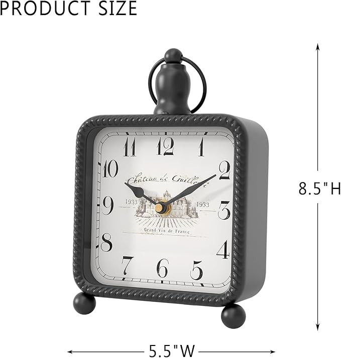 Vintage Black Table Clock on Stand, Desk and Shelf Decor Clock, French Rustic Style Non-Ticking Mantel Clocks for Farmhouse, Living Room, Bedroom, Bedside, Gift (8.5" H x 5.5" W)-Ruum Studio Home