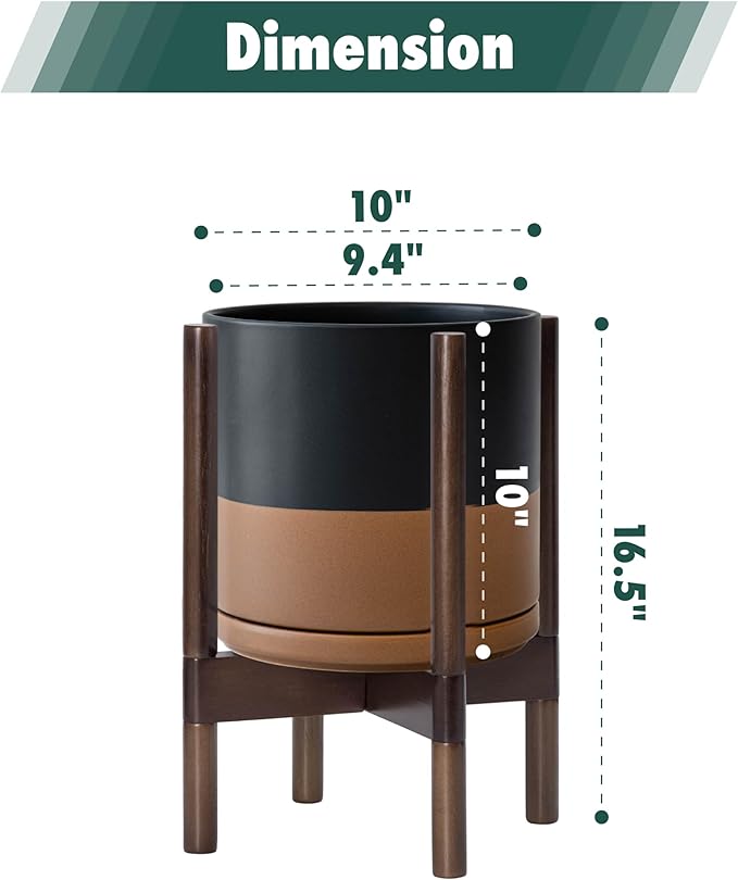D'vine Dev Ceramic Planter with Walnut Color Stand - 10 Inch Modern Round Flower Pot with Wood Planter Holder, Black/Speckled Tan, 55-B-X-7-Ruum Studio Home