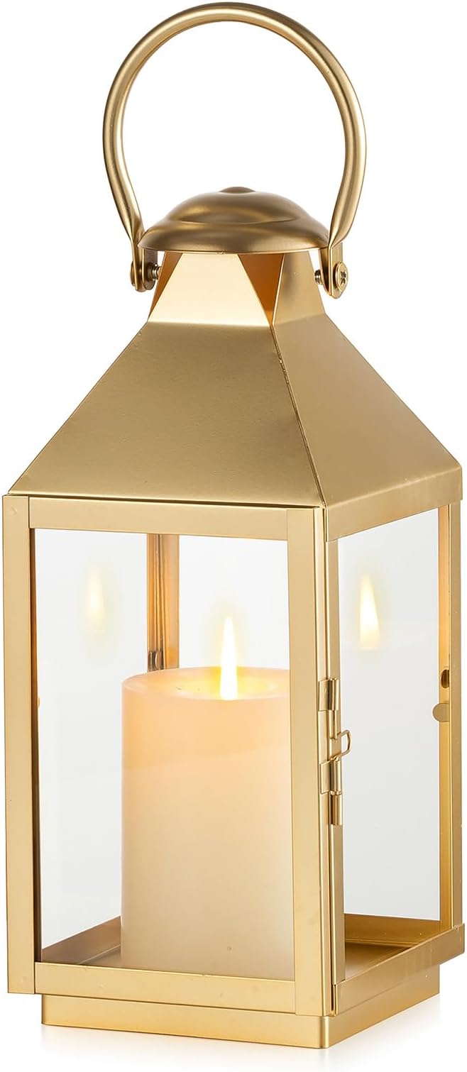 NUPTIO Gold Lanterns Decorative for Wedding: 11.3 Inch Tall Metal Lantern Decor with Glass - Outdoor Candle Holder for Table Centerpiece Dining Room Mantel Patio-Ruum Studio Home