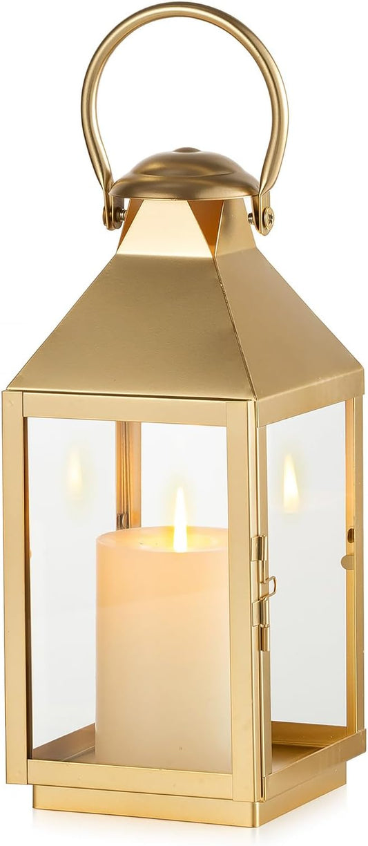 NUPTIO Gold Lanterns Decorative for Wedding: 11.3 Inch Tall Metal Lantern Decor with Glass - Outdoor Candle Holder for Table Centerpiece Dining Room Mantel Patio-Ruum Studio Home