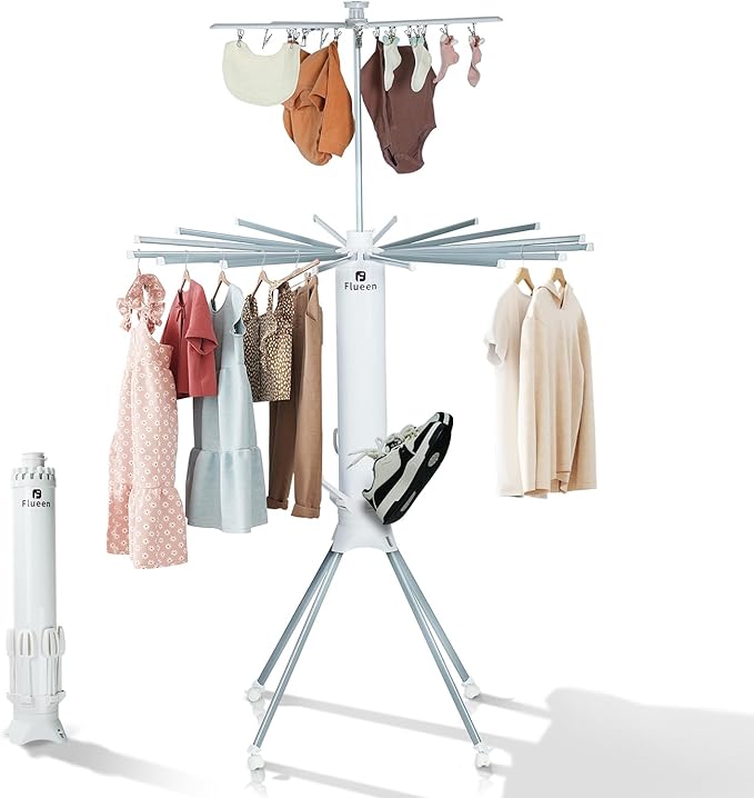 Clothes Drying Rack 2025 Upgrade 4-Legged 3-Tier Foldable Laundry Rack with 4 Pulleys 20 Clips,6 Shoe Dryers 16Drying Rods for Indoor/Outdoor, Camping, Poolside Space Saving, Whit-Ruum Studio Home