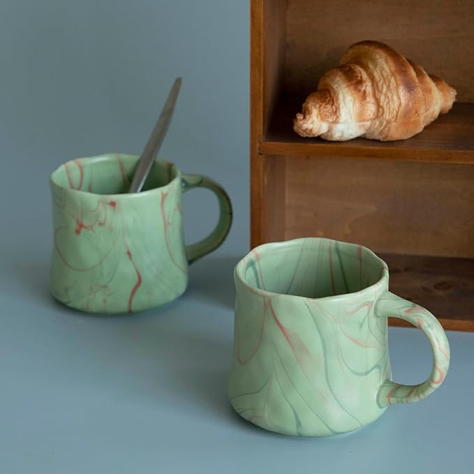 Abstract Art Ceramic Coffee Mugs Set - 2 Pack, Mint Green with Red and White Accents, Handcrafted Design for Modern Kitchen or Office-Ruum Studio Home