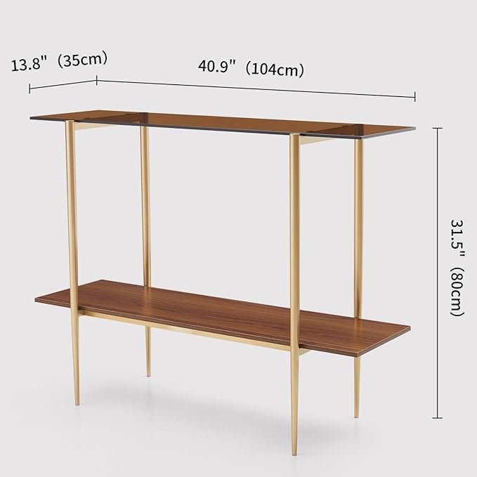 Glass Console Table for Living Room, Foyer & Entrance, 2-Tiers Mid-Century Modern Sofa Table with Amber Glass Top, Walnut Finish Wood Shelf and Gold Finish Frame-Ruum Studio Home