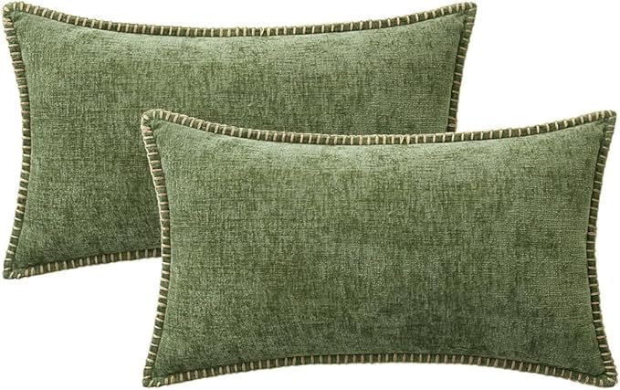 MIULEE Pack of 2 Couch Throw Pillow Covers 12x20 Inch Sage Green Farmhouse Decorative Pillow Covers with Stitched Edge Soft Chenille Solid Dyed Spring Pillow Covers for Sofa Bed Living Room-Ruum Studio Home
