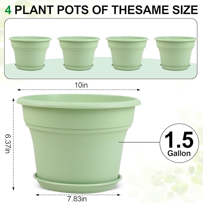 10 Inch Plastic-Flower-Pot-for-Indoor-Plants, 4 Pack Large Outdoor Planter Pot with Drainage Holes & Saucers, Resin Decorative Garden Pots Planters-Ruum Studio Home