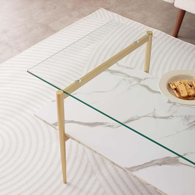 Rectangle Coffee Table for Living Room, Mid-Century Modern Design, L41 x W21 x H17, 2-Tier Structure, Clear Glass Top and White Marble Finish Wood Shelf, Conical Legs with Gold Finish-Ruum Studio Home