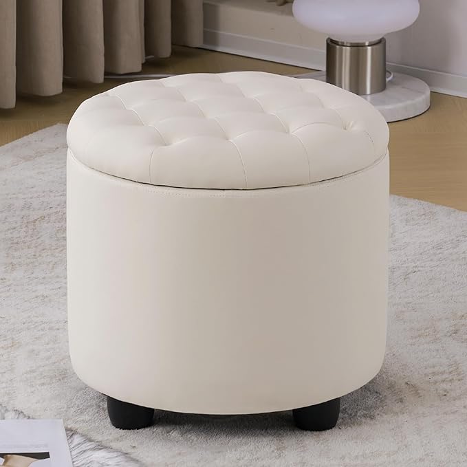 Furniliving Upholstered Button Tufted Round Ottoman, PU Storage Ottoman Round, Removable Lid Convenient Footstools, Classic Ottoman with Storage for Vanity, Nursery Room，IvoryWhite-Ruum Studio Home