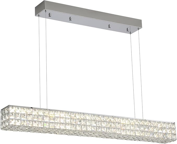 Modern Crystal Chandelier Silver Rectangular Crystal Chandelier Contemporary Linear Pendant Ceiling Light Fixture for Living Dining Room Kitchen Island (L 40")-Ruum Studio Home