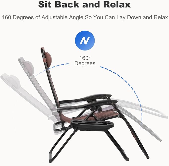 Nazhura Set of 2 Relaxing Recliners Patio Chairs Adjustable Steel Mesh Zero Gravity Lounge Chair Beach Chairs with Pillow and Cup Holder Khaki (Brown)-Ruum Studio Home