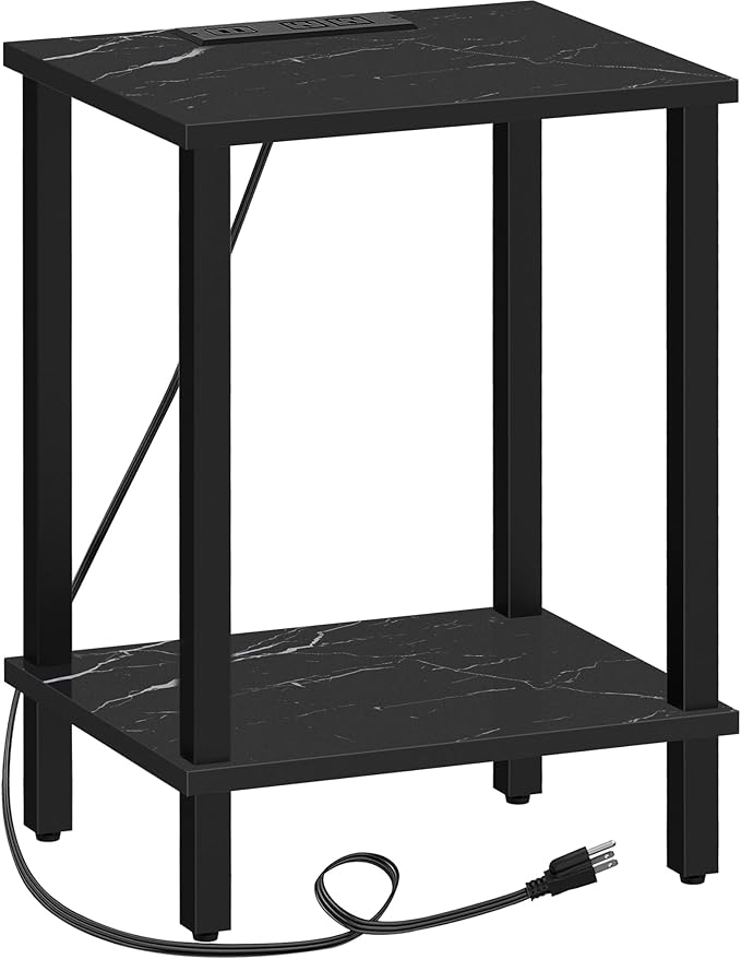 TUTOTAK End Table with Charging Station, Small Side Table, Nightstand Bedside Table, 2-Tier Storage Shelf for Small Space, Living Room, Bedroom, Marble Black TB01BMK040-Ruum Studio Home