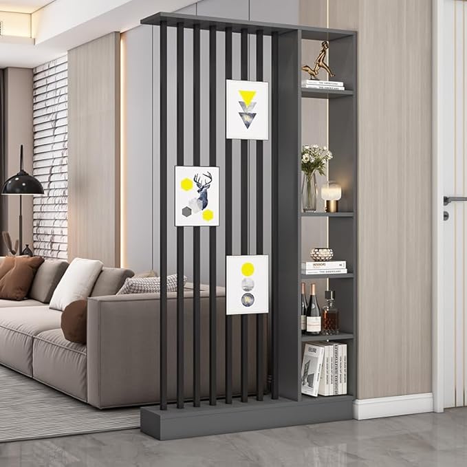Wall Room Divider, Storage Cabinet Storage Display with Shelves, Modern Freestanding Wood Room Divider Screen, Wall Privacy Screens for Home Decorative (Grey,43.3" L x 9.5" W x 79.5" H)-Ruum Studio Home