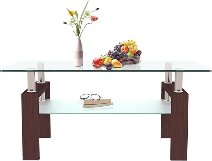 Glass Coffee Table for Living Room, Mordern Sofa Center Tables with Storage, Brown Metal Leg, Rectangle Tempered Glass Center Table Home Furniture-Ruum Studio Home