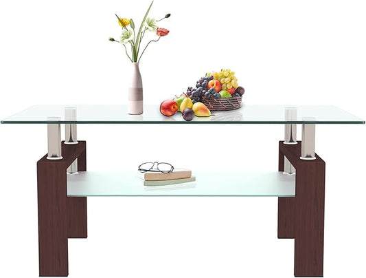 Glass Coffee Table for Living Room, Mordern Sofa Center Tables with Storage, Brown Metal Leg, Rectangle Tempered Glass Center Table Home Furniture-Ruum Studio Home