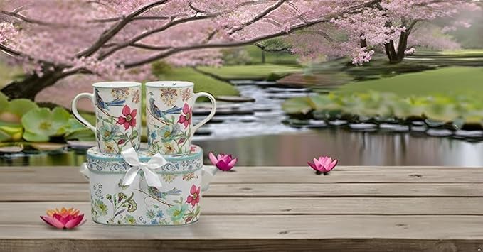 Lightahead Elegant Bone China Two Coffee Mugs set in Blue bird design 11.2 oz each cup in attractive gift box-Ruum Studio Home