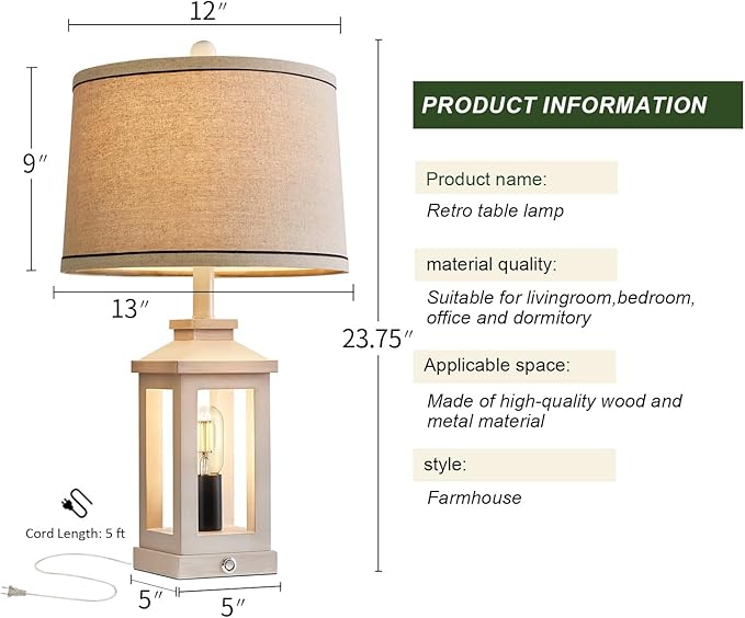 23.75" Retro Farmhouse USB C+A Ports Table Lamp Set of 2 with 3 Way Dimmable Touch Control White Nightlight Vintage Modern Lamp for Living Room Bedroom with 2 Light Sources-Ruum Studio Home