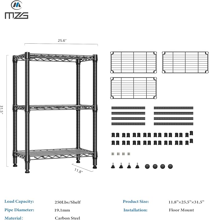 750 lbs 3 Tier Shelf Metal Storage Shelves Wire Rack Closet Organizers for Garage Kitchen Bathroom Laundry Black 11.8" D x 25.6" W x 31.5" H-Ruum Studio Home