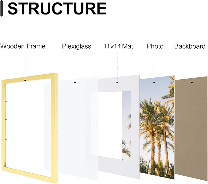 Vittanly 12x16 Picture Frames Set of 9, Shatter Resistant Plexiglass, Display 11x14 Pictures with Mat or 12x16 without Mat, Photo Frames for Wall Mount, Engineered Wood, Gold-Ruum Studio Home