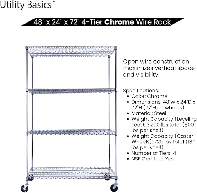 48"x24"x72" Chrome Premium Metal Steel Wire Shelving 4-Tier NSF 3200 LBS MAX Capacity Heavy Duty Storage Rack for Garages, Commercial Spaces, Hospitals, & Schools w/Premium Wheels-Ruum Studio Home