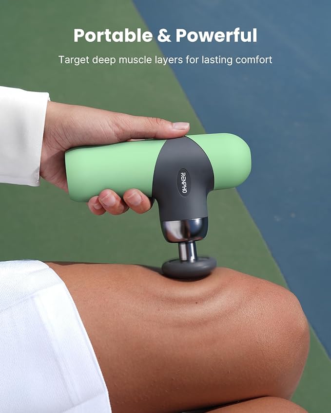 RENPHO Mini Thermal Massage Gun with Heat, Portable Deep Tissue Percussion Massager, Color Silicone Sleeves Travel Size with Carry Case, Spearmint-Ruum Studio Home