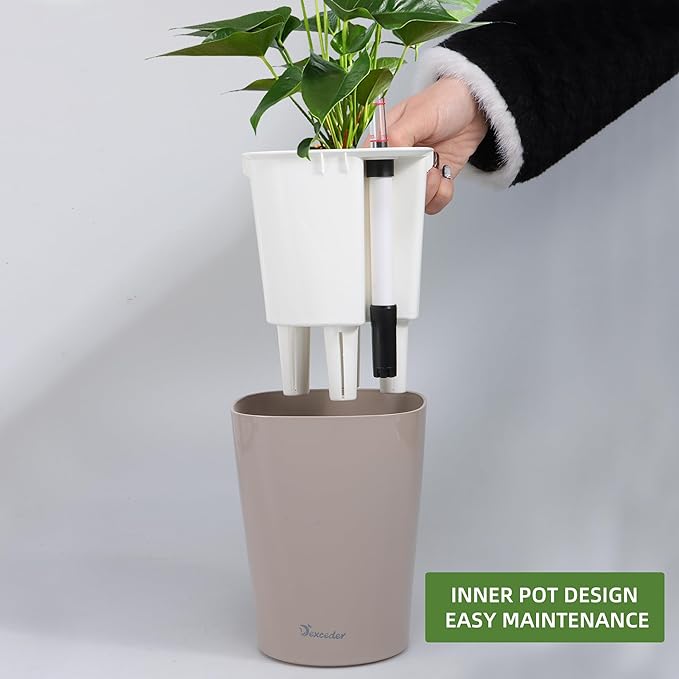Dexceder 6x7 Self Watering Planter Indoor Outdoor, High Gloss Table Flower Plant Pot with Water Level Indicator (Taupe)-Ruum Studio Home