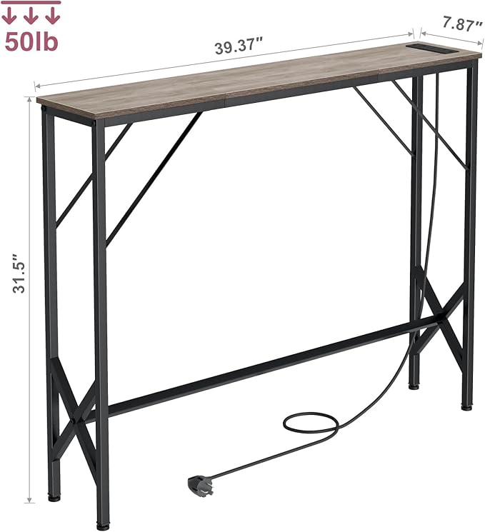 Console Table, Skinny Entryway Table with Fast-Charging Station, Narrow Long Sofa Table, Behind Slim Couch Table for Entrance, Hallway, Living Room Decor ST-GY100-1-Ruum Studio Home