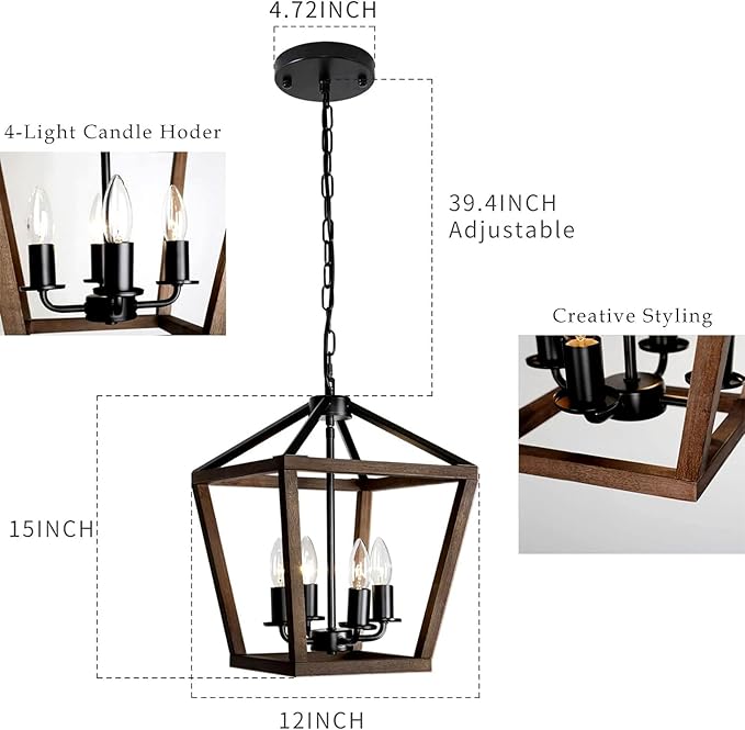 4-Light Lantern Pendant Light,Black Wood Cage Farmhouse Chandelier for Kitchen Island,12'' Rustic Metal Geometric Hanging Lighting Fixture for Kitchen Island Dining Room Bedroom Foyer Entry-Ruum Studio Home