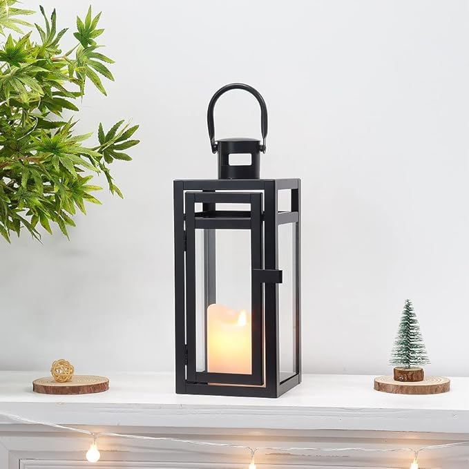 TRIROCKS Metal Candle Lantern 12'' High Decorative Outdoor Lantern Hanging Lantern with Tempered Glass for Christmas Home Decor Living Room Parties Events Tabletop Indoors Outdoors (Black Matte)-Ruum Studio Home