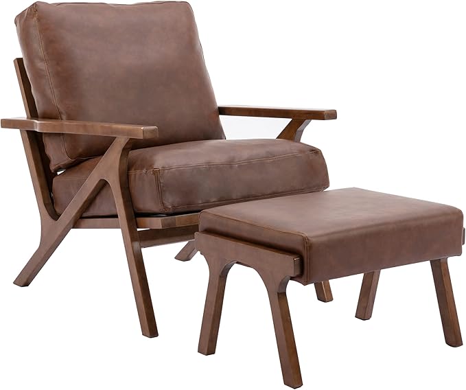 chairus Mid-Century Modern Accent Chair with Ottoman, Faux Leather Armchair with Wood Legs Comfy Upholstered Single Sofa Chair for Living Room/Bedroom/Lounge, Brown-Ruum Studio Home