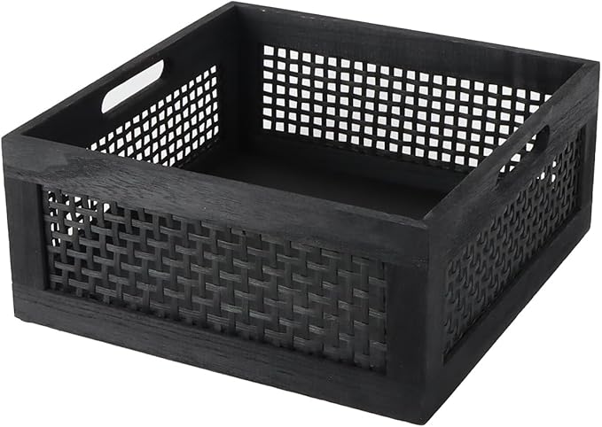 YRMT Wood Storage Crate Basket Rustic Wooden Storage Container for Organizing Decorative Bamboo Box with Handles for Pantry, Shelves Organizer 11.4" x 11.4" x 5" (Black)-Ruum Studio Home