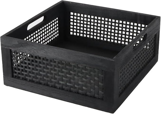 YRMT Wood Storage Crate Basket Rustic Wooden Storage Container for Organizing Decorative Bamboo Box with Handles for Pantry, Shelves Organizer 11.4" x 11.4" x 5" (Black)-Ruum Studio Home