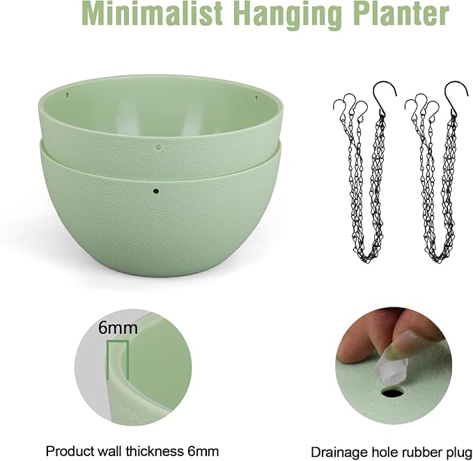 8 inch Small Hanging Planters Plant Pots for Indoor Outdoor Plants, 2 Pack Hanging Flower Pots with Drainage Holes and Chain for Garden Porch, Plastic Hanging Baskets for House Plants, Green-Ruum Studio Home